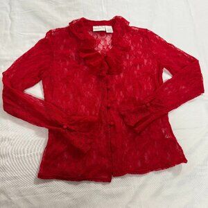 Worthington Red Lace Ruffle Blouse | Women’s L | Sheer Romantic Top